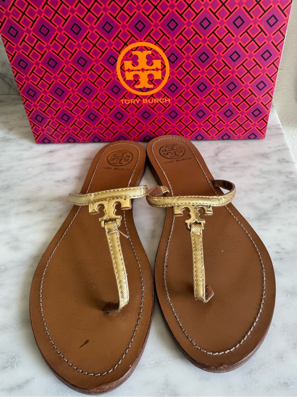 Tory Burch Metallic Gold Leather Miller Mini T-Strap Sandals Size 9